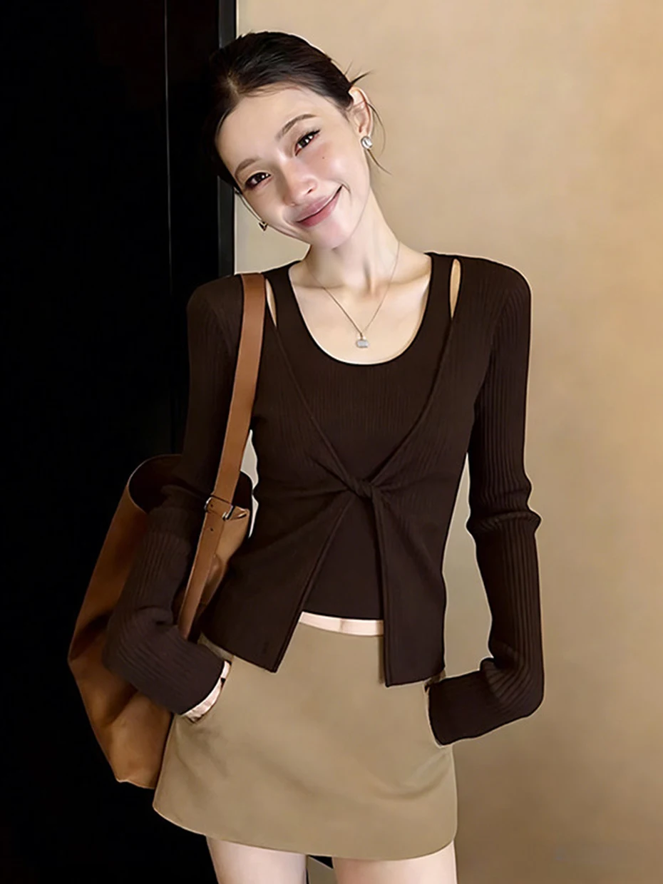 

Chic Knitted Wrap Cardigan And Top Two-Piece Set Women's Slim Fit Knot Design Spring Fashionable Coffee Brown Mermaid Style