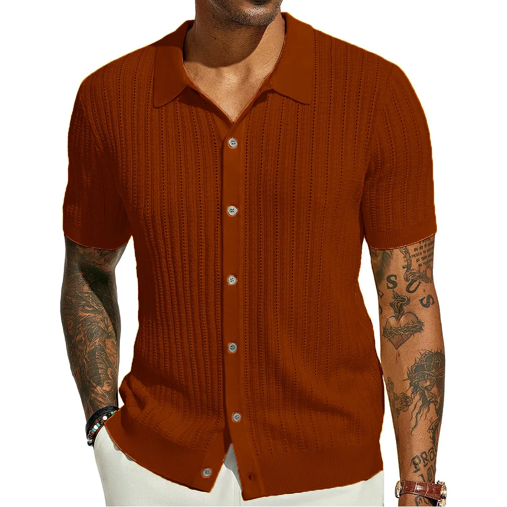 2025 Men's Casual Knitted Shirt Summer New Solid Color Top Men's Short Sleeve Lapel Men's Clothing