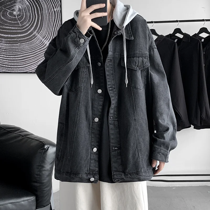 

Nice Pop Denim Jacket Mens Fashion Streetwear Hip Hop Hooded Jeans Jackets Man Casual Loose Outerwear Denim Coats Mens Jackets