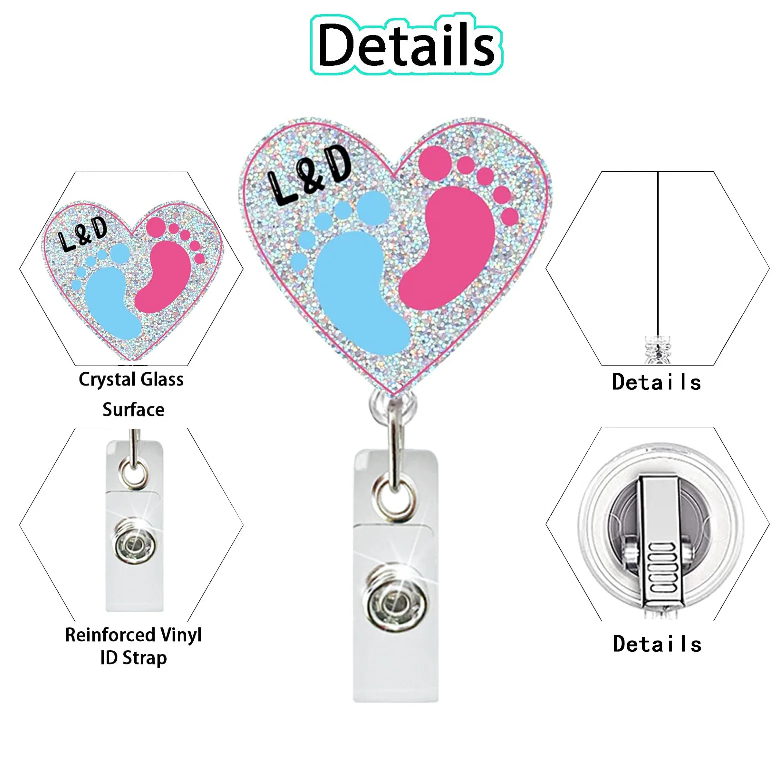 Medical Acrylic Glitter Footprints Clothing Baby Retractable Badge Reel Rotating Crocodile Clip ID Badge Holder for Doctor Nurse