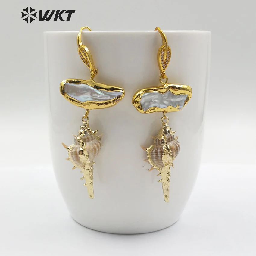 

WT-E476 WKT High Quality Natural Trumpet Shell & Pearl Earrings Charm Jewelry With Gold Plated Unique Design For Ladies Gift