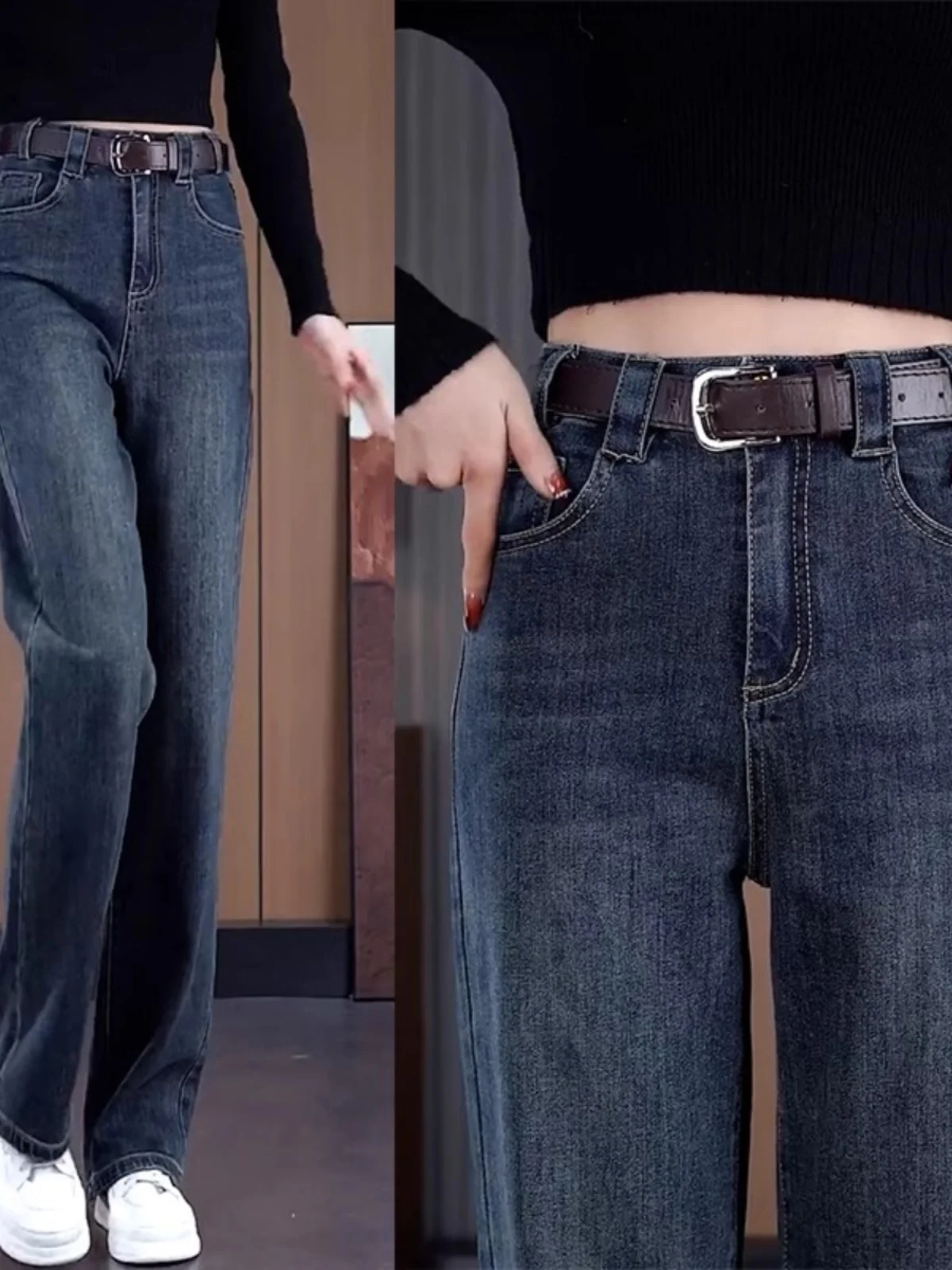 Women's Fleece Lined High Waist Straight Leg Jeans Warm Trousers Spring Autumn plus Size Slim Fit Wide Leg Denim Pants