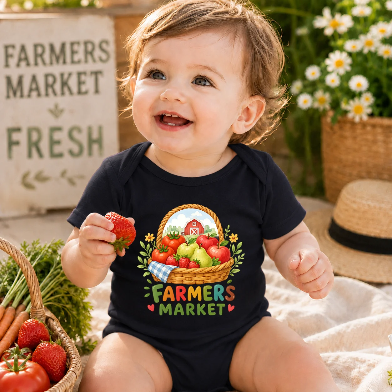 Farmers Market Fruit Basket Print Baby Bodysuit Summer Short Sleeve Cotton Newborn Rompers Neutral Infant Onesie Baby Shower Gif