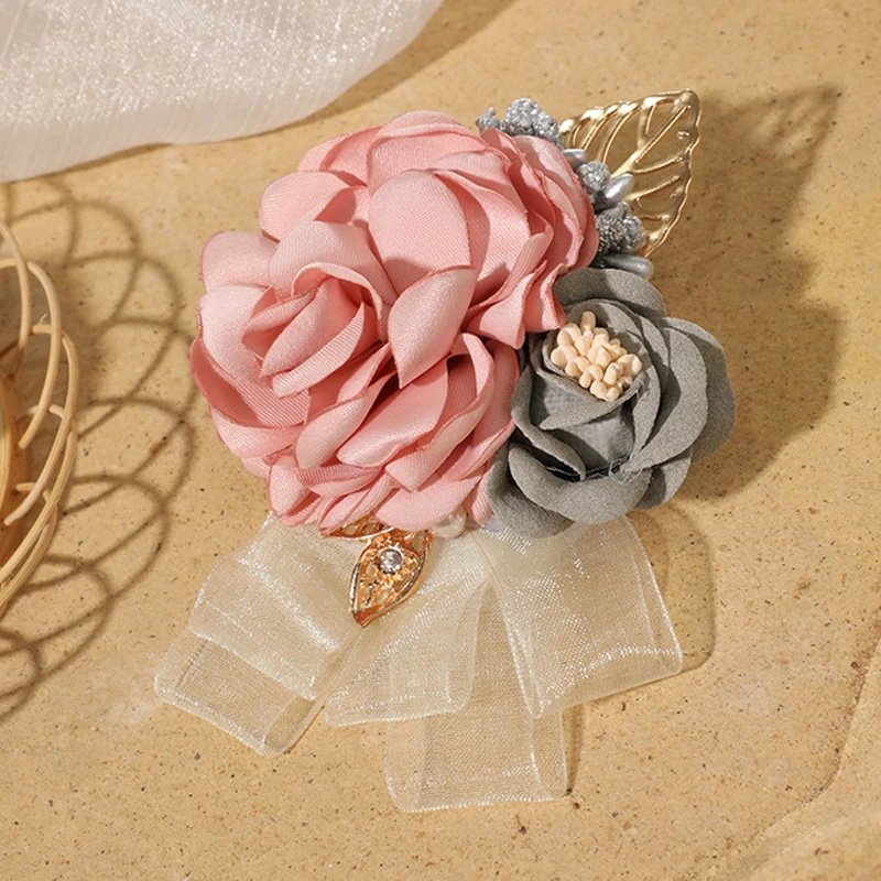 Cetim Rosa Casamento Pulso Corsage E Boutonniere Set, Tecido De Flor, Festa De Chuveiro De Noiva, Aniversário, 1Pc