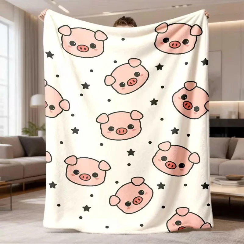 Soft Flannel Throw Blanket Cute Cartoon Pig Head Star Print Warm Cozy Blanket Kawaii Animal Pattern Bedroom Decor