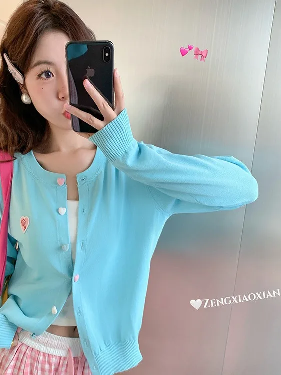 

Blue Long Sve Knitted Open Cardigan Women's Autumn Faion Thin Outerwear round Ne ort Length Single Button Closure