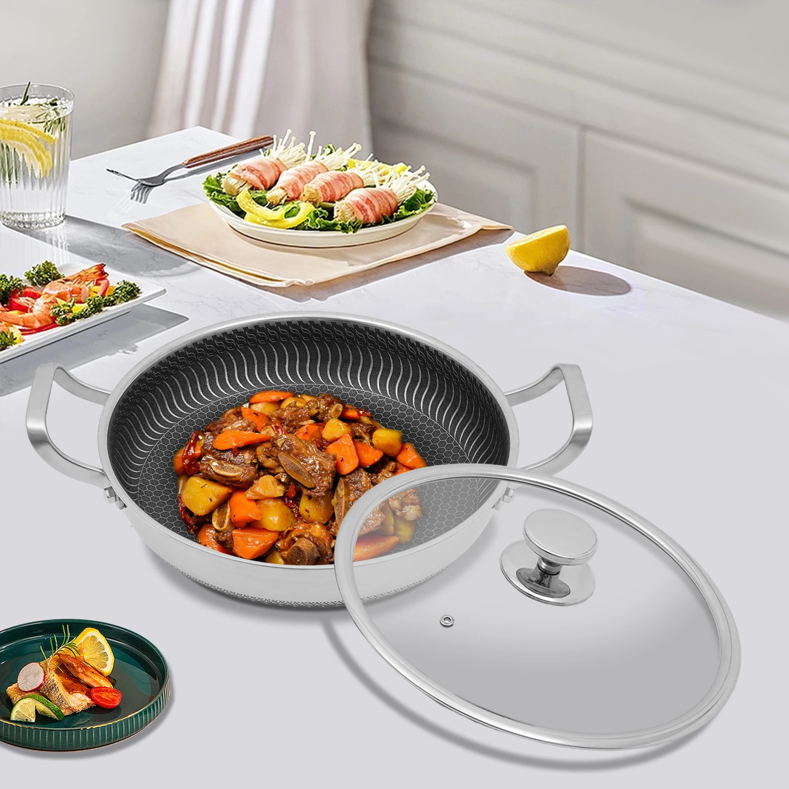 

30cm Stainless Steel Frying Pan with Lid, Dual Side Handles, Steam Release Vent, Induction Compatible Cookware, Kitchen Skillet