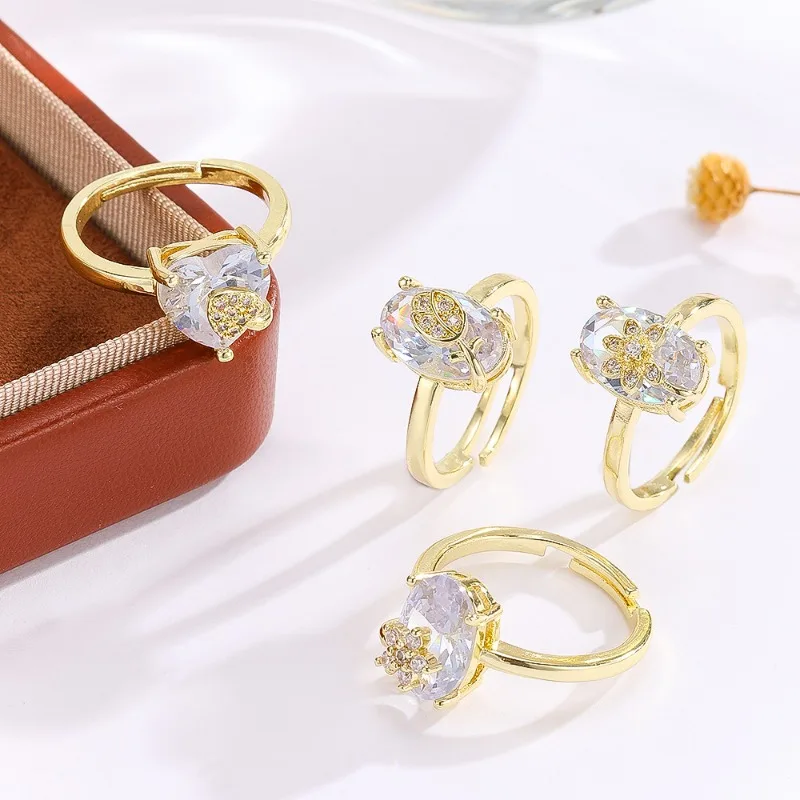 

Ins style women's copper material water droplet fashion micro inlaid zircon heart-shaped flower ring for women