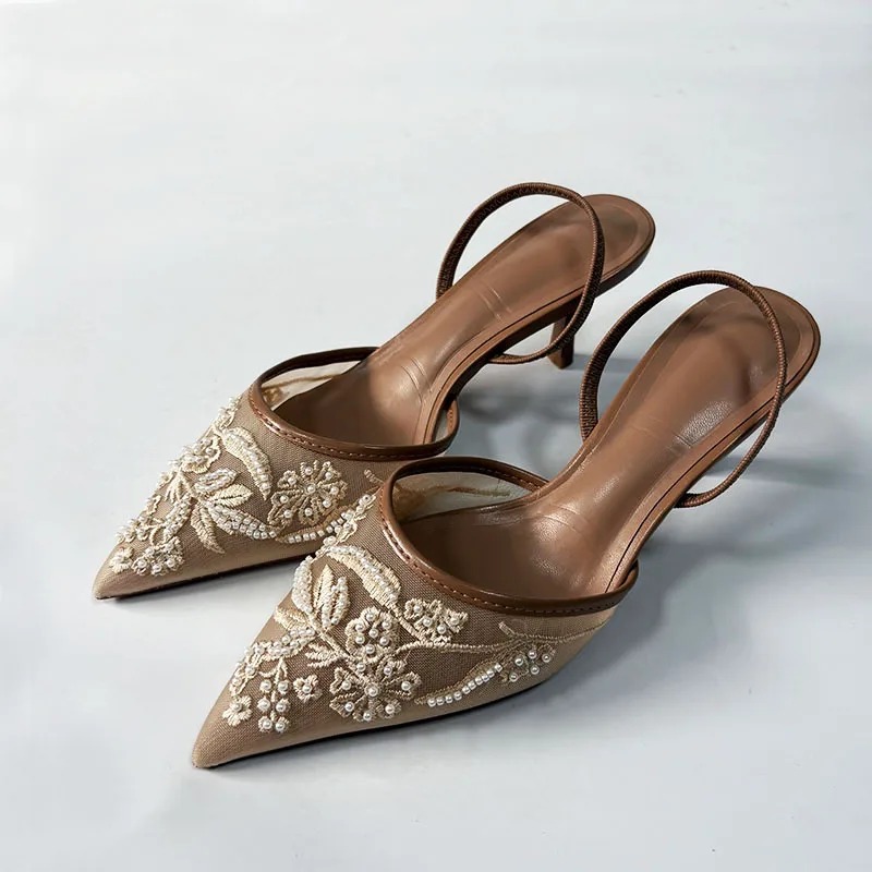 

Летние дизайнерские босоножки на высоком каблуке с вышивкой и сетчатыми вставками, элегантные женские туфли с острым носком на шпильке