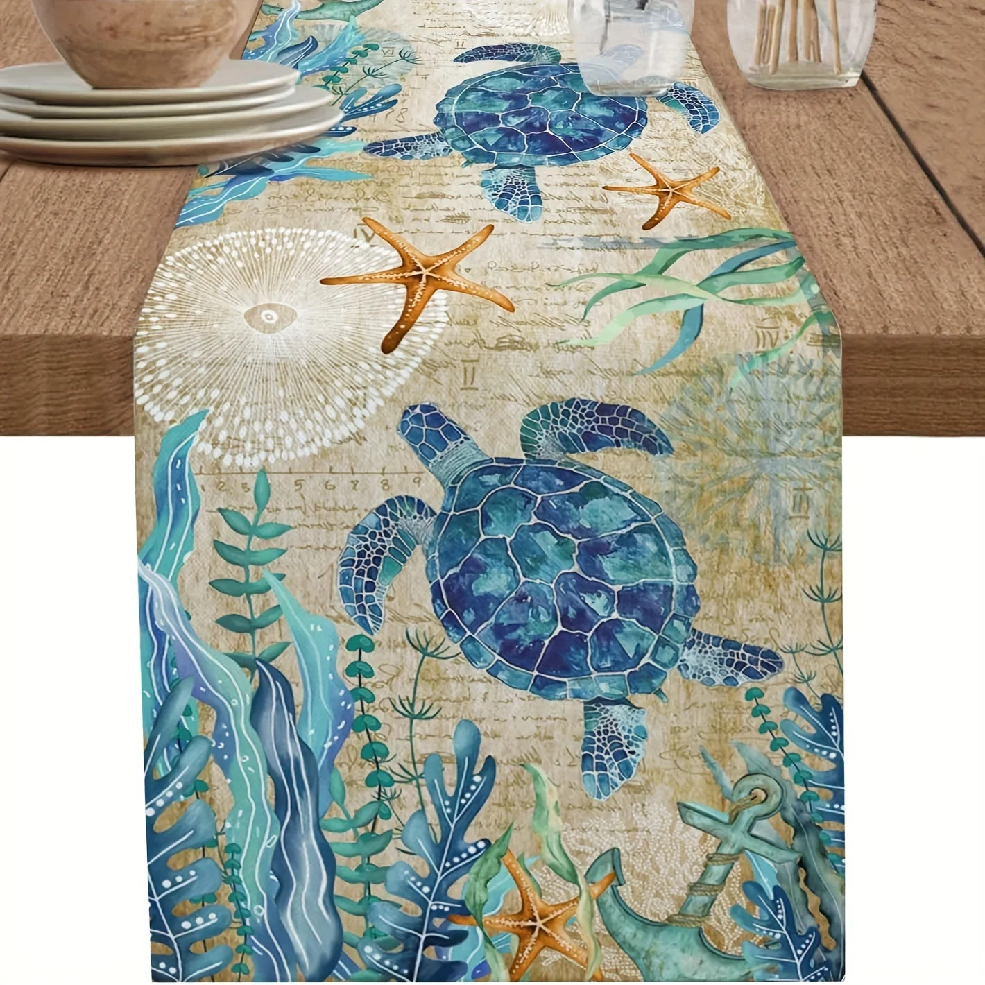 Ocean Turtle Table Runner in Bright Blue and Gold Ocean Theme with Sea Turtle Starfish and Coral Durable Rectangular for Kitchen