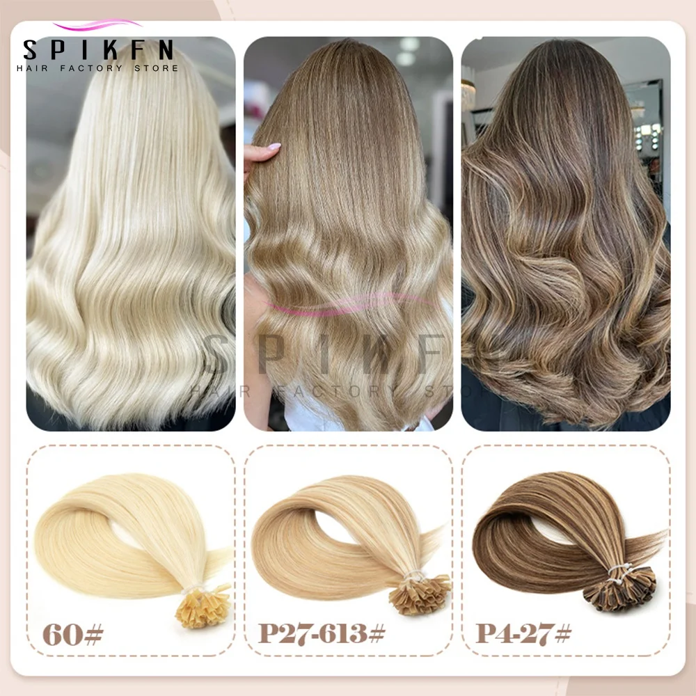 SPIKFN Nail U Tip Human Hair Extensions Natural Straight Hot Fusion Hair 50pcs/pack Nature Black Fusion Pre Bonded Human Hair