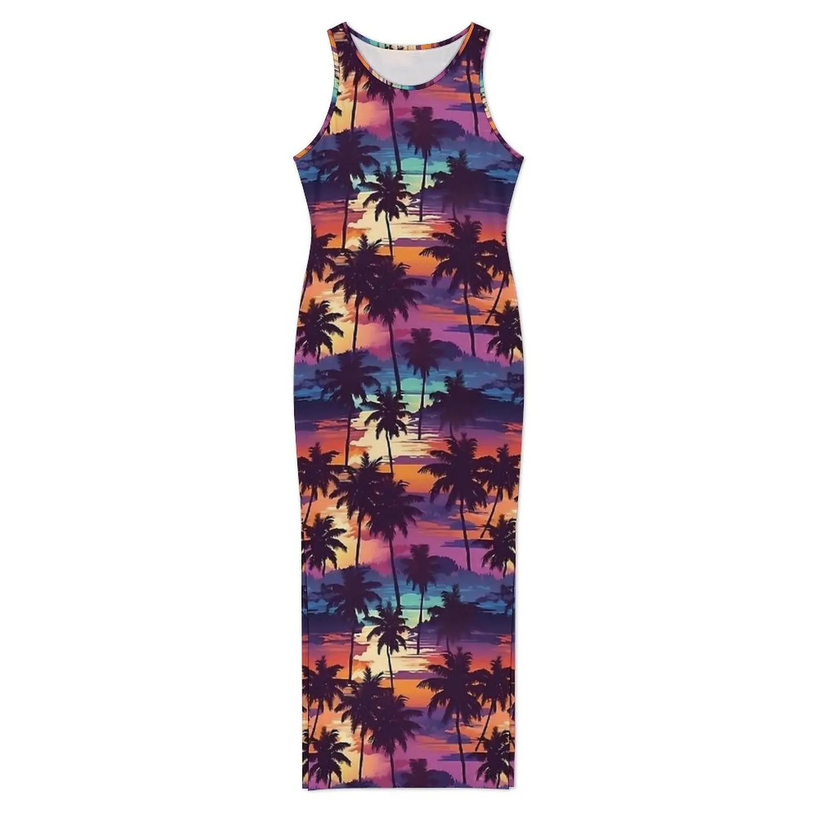 Hawaiian Sunset Palm Trees Dress Sleeveless  Casual Maxi Dresses Summer Street Wear Design Bodycon Dress Big Size 3XL 4XL