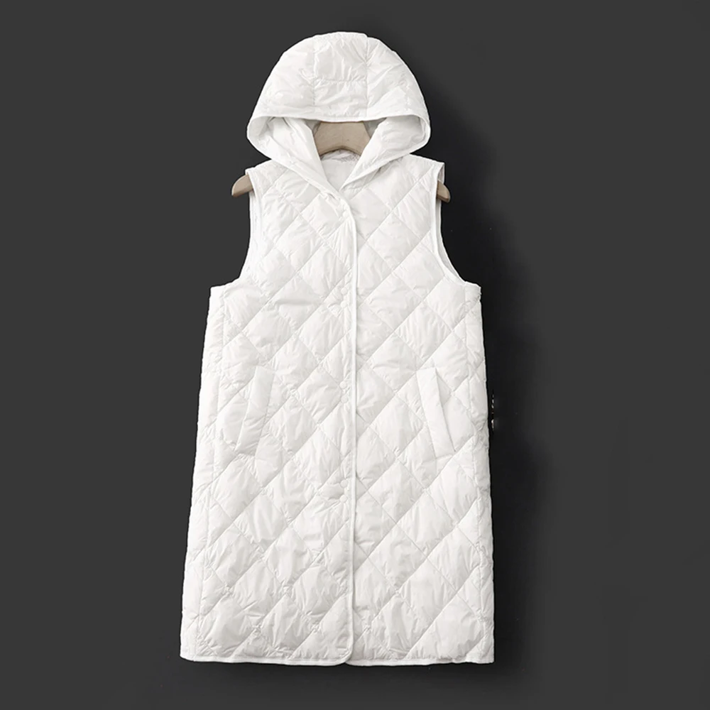 Quilted Cotton Vest Women's Winter Warm Loose Fit Hooded Long Style Single Breasted Casual Outwear Sleeveless Jacket Tops