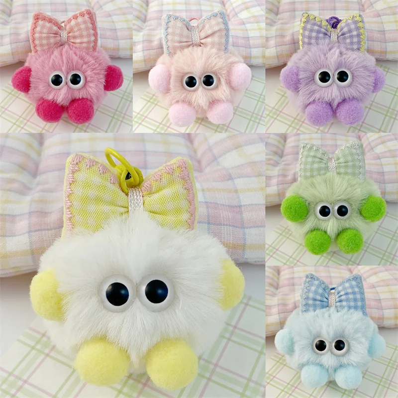 Cute Sweet Plush Bowknot Little Monster Pendant Keychain Cartoon Hairball Doll Keychain Backpack Decoration Accessories Gifts