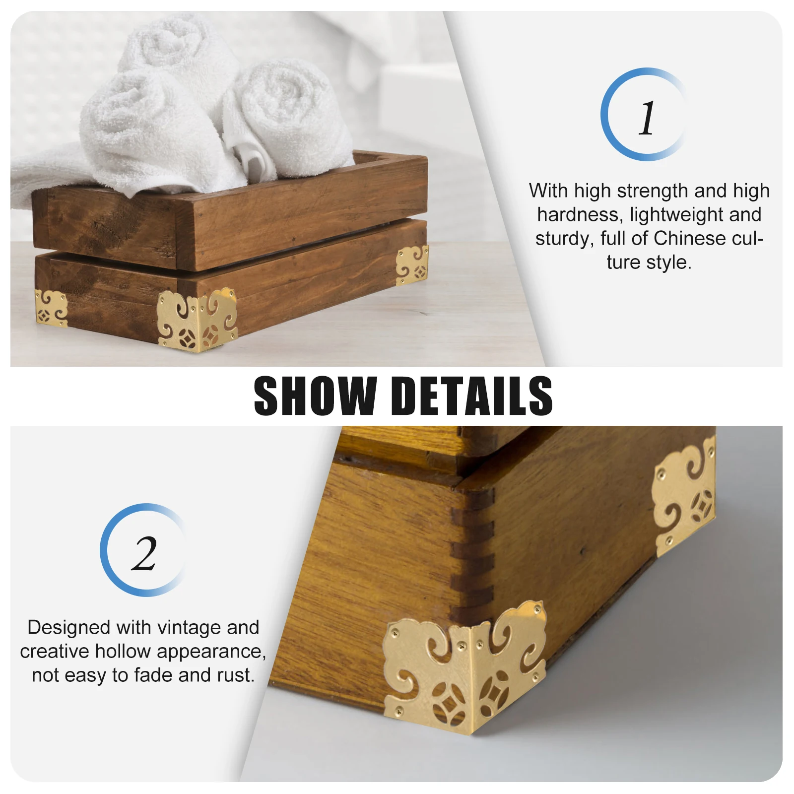 

2Sets Copper Box Corner Protector Hollow Vintage Design Rust Proof Strong Sturdy Protector for Wooden Jewelry Gift Wine
