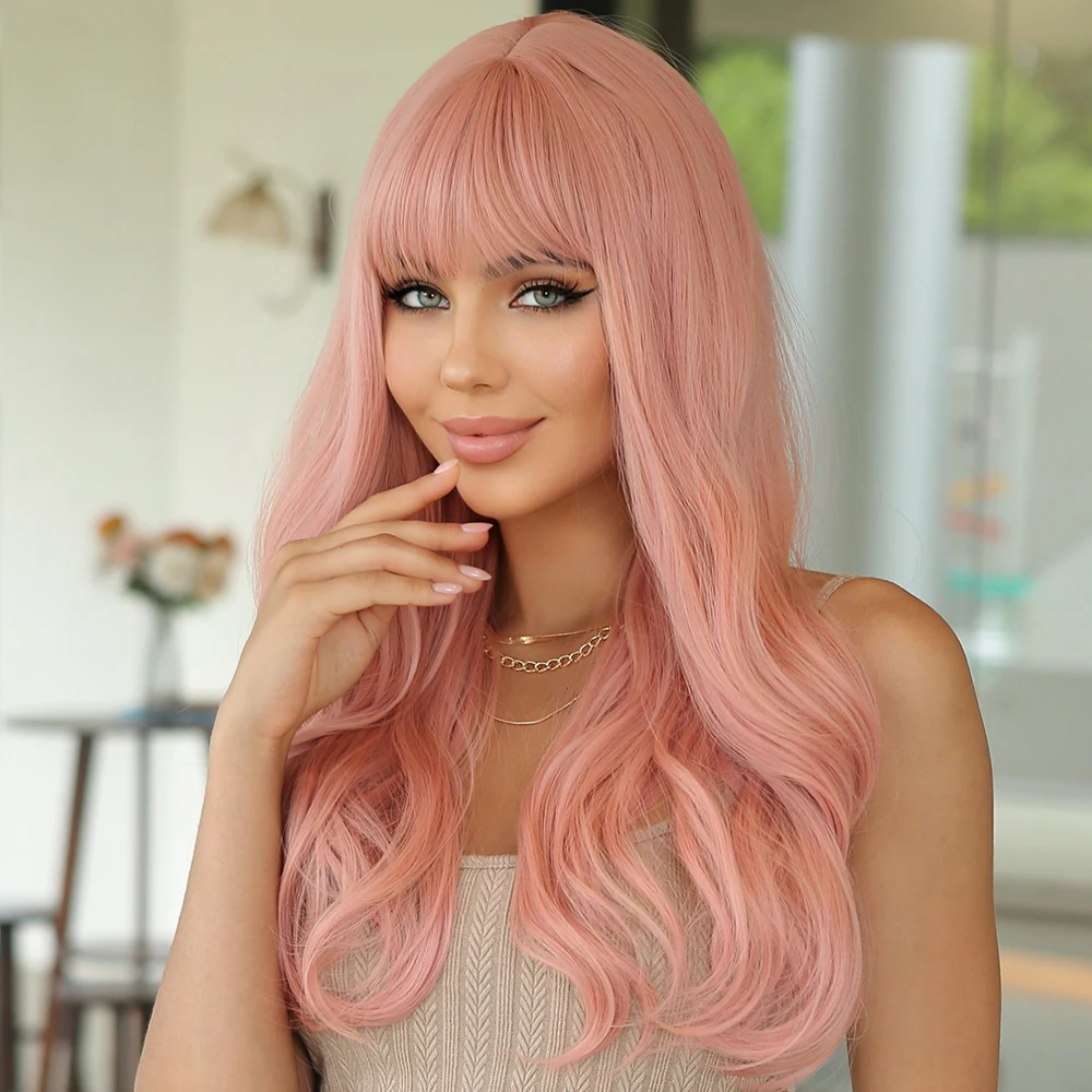 Craftourist Pink Wigs with Bangs Long Wavy Synthetic Wig for Women Cute Cosplay Daily Fake Hair Heat Resistant Fibe