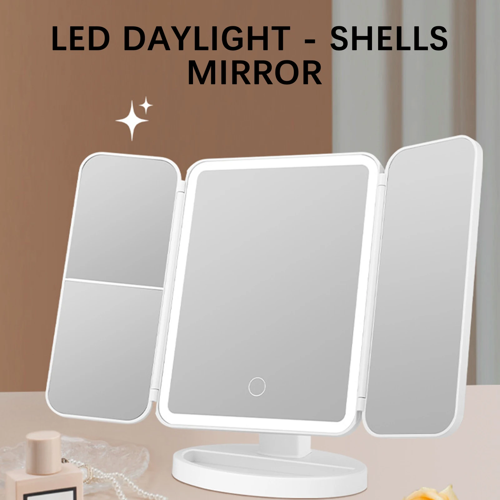 LED Three-folded Sides Portable Makeup Mirror Touch Screen LED Makeup Mirror For Women Girls