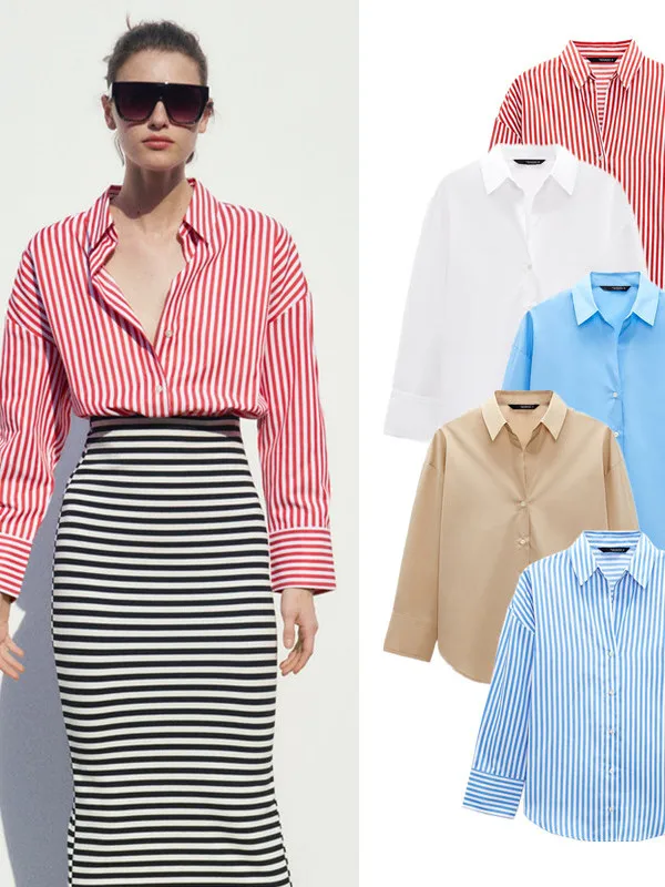 

Loose Long Sve Women's irt Striped Tfeta Versatile V-Ne Button up Breathable Comfortable Spring Faion Casual irt