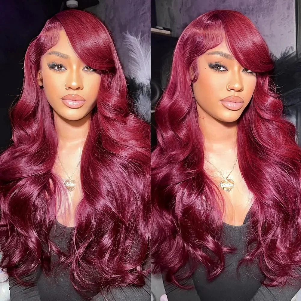 99j burgundy 13x6 Lace Front Human Hair 200 Density Body Wave  30 Inch Red Colored Lace Frontal Wigs Brazilian For Women