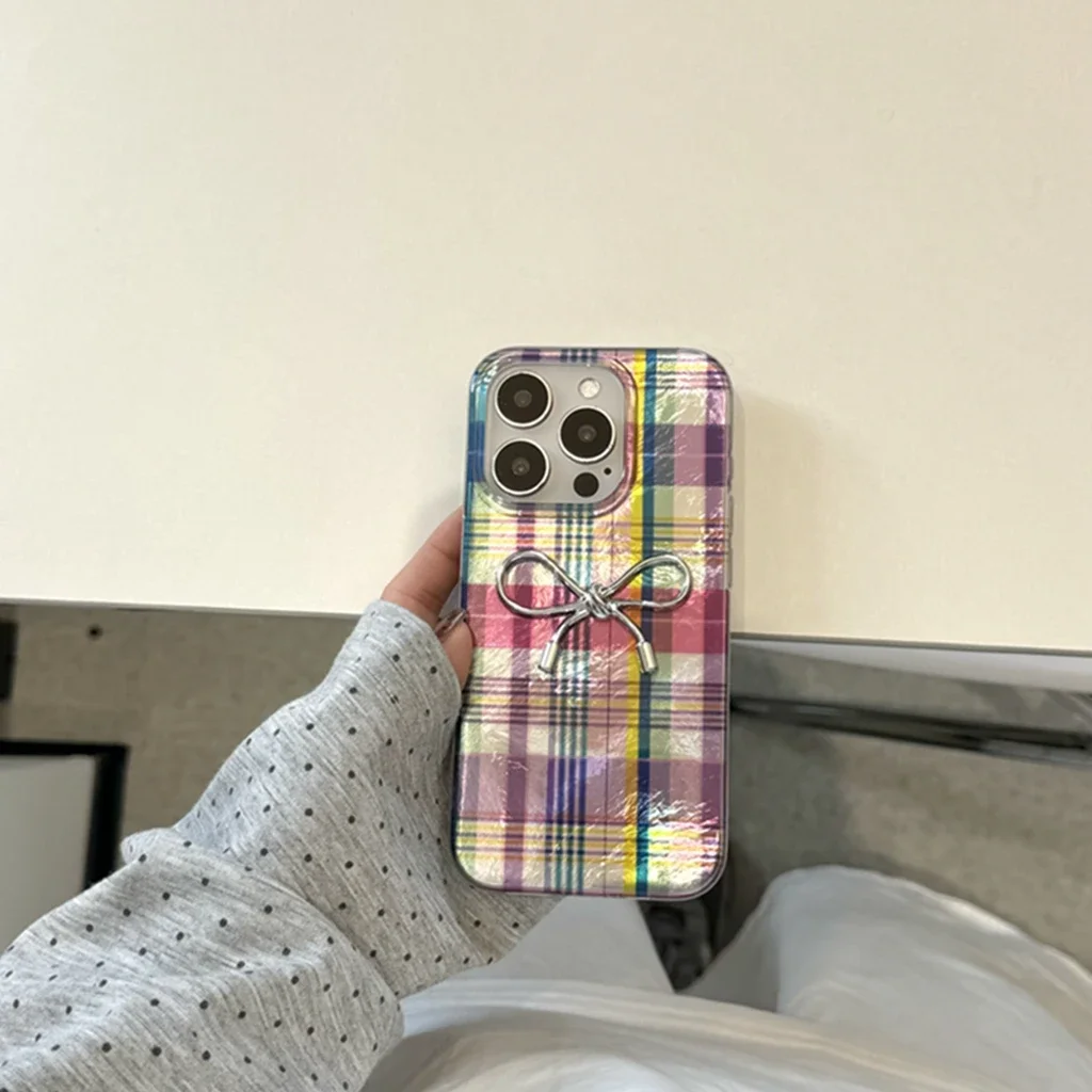 Illusion Color Purple Plaid Stereoscopic Bowknot Cover Case For iPhone 16 15 14 13 12 Pro Max Shockproof Protective Phone Case