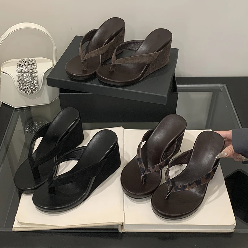 Aneikeh Summer Fashion Round Clip Toe Slippers Women Wedges Heels Beach Casual Thick Bottom Sandals Flip Flops Ladies Shoe Mules