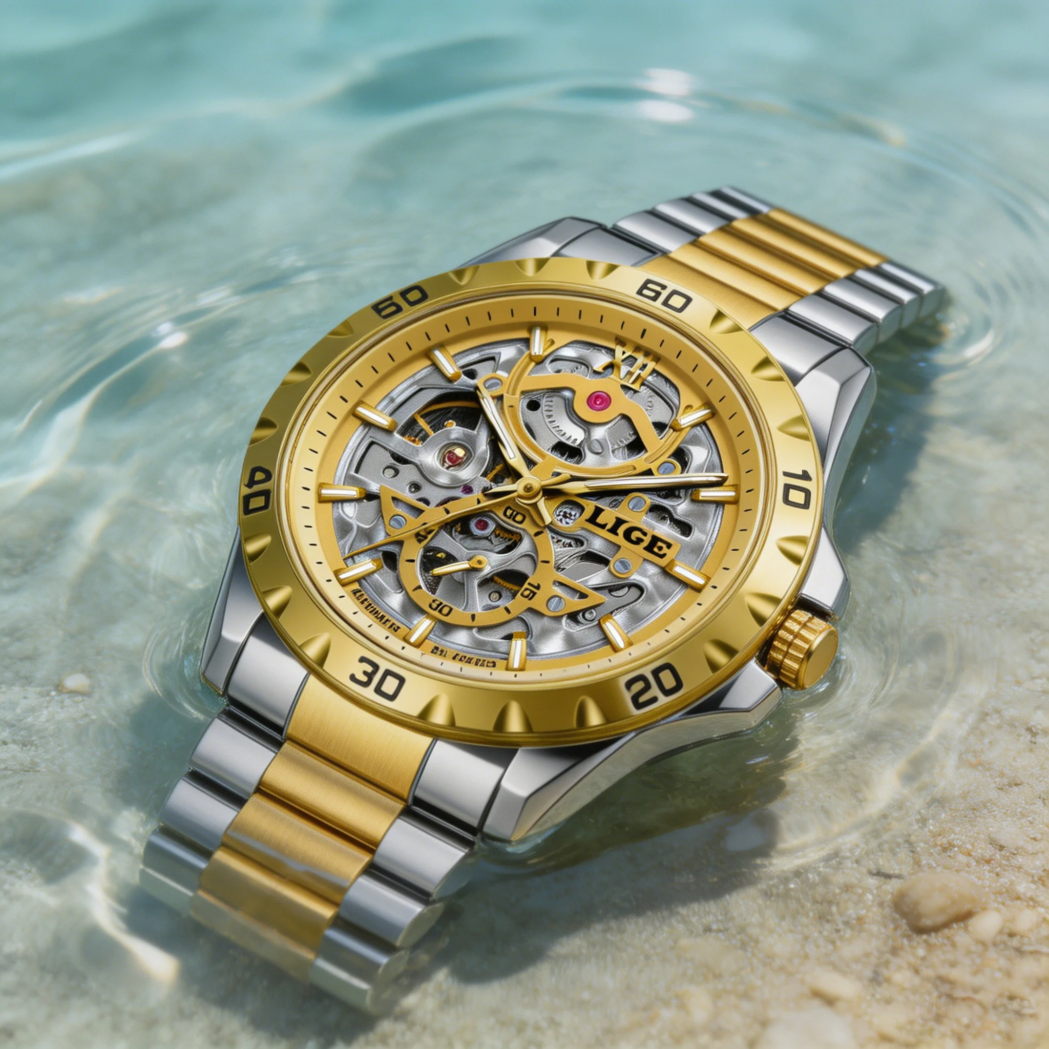 

LIGE Mens Watches Golden Luxury Man Hollow Skeleton Automatic Mechanical Watches Luminous Waterproof Steel Strap Watch+Box