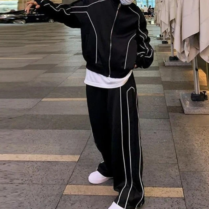 Men's 2 Piece Fall Sportswear Set: Black Striped Zippered Stand-Up Collar Jacket with Wide-Leg Pants, Casual Streetwear Outfit