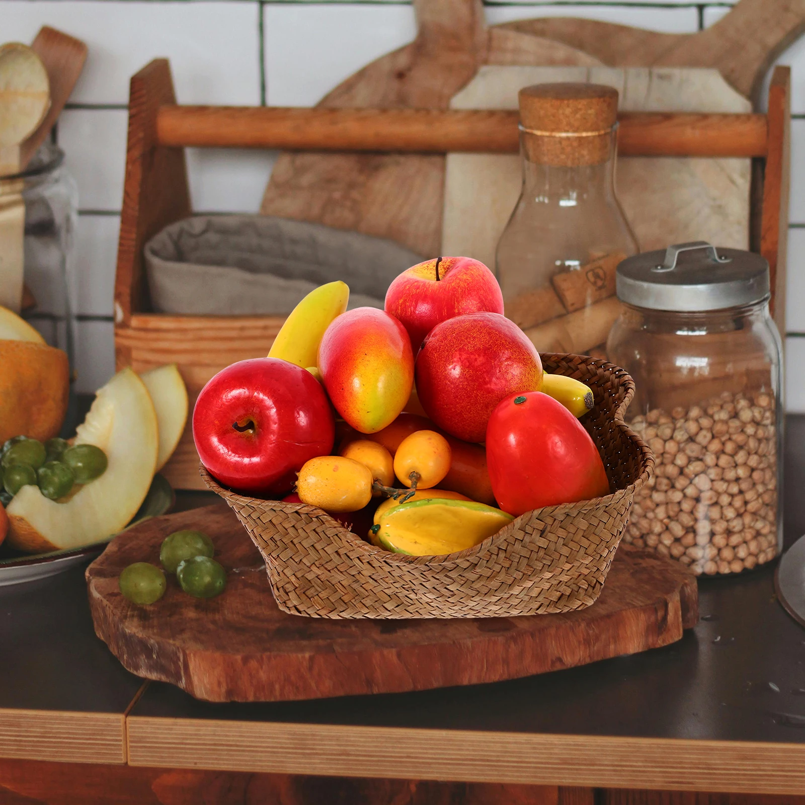 

1Pcs Rustic Woven Fruit Tray Multi-Function Storage Basket Elegant Snacks Holder Kitchen Decor