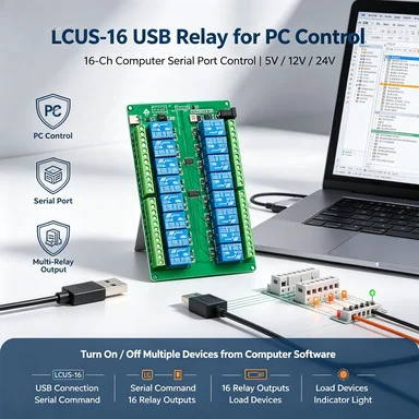 16-Channel USB Relay Controller LCUS-16, PC Serial Port Switching, Modbus Compatible