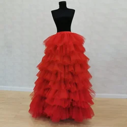 Italian Tulle Skirt Long Ruffles Tulle Tutu Women Party Skirts Gathered Red Layered Mesh Bridal Royal Skirt Elastic Waist Custom