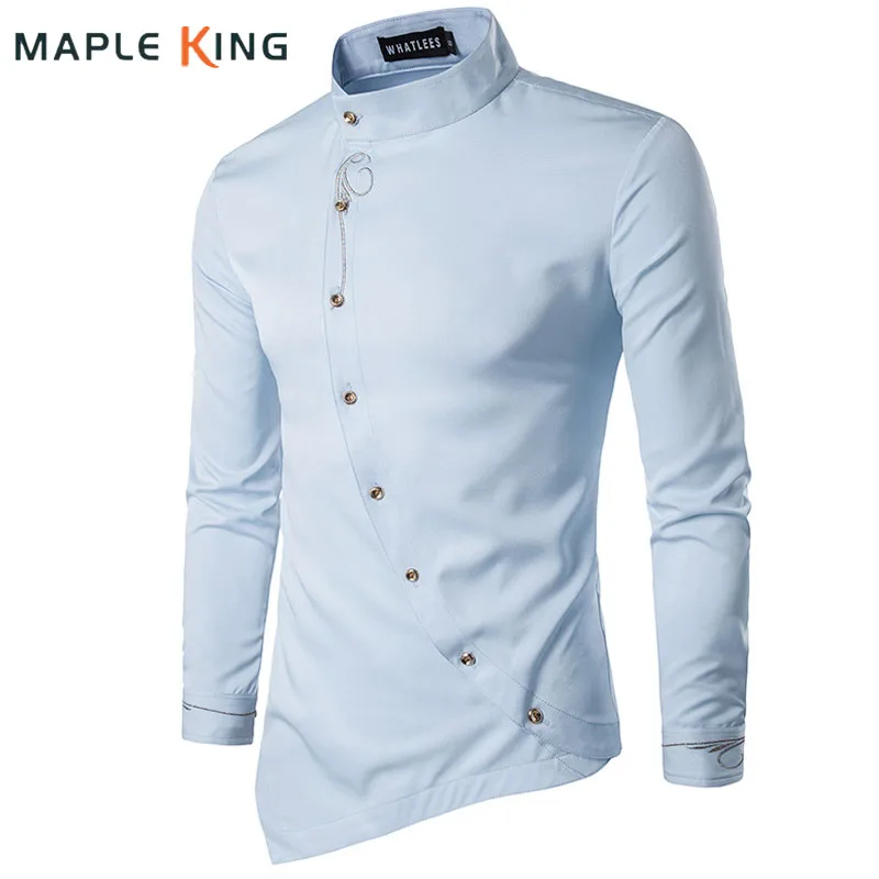 Camisas Goticas Hombre męskie koszule z nieregularnymi guzikami elegancki haft sukienka towarzyska koszula mężczyźni Streetwear odzież koszulki topy