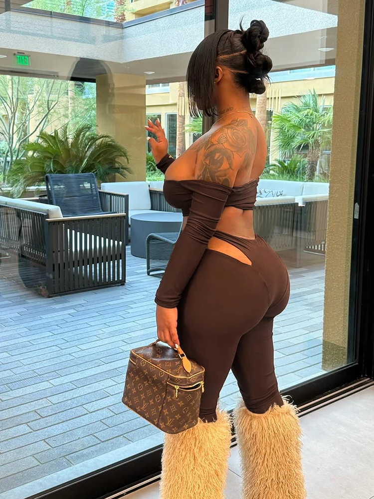 غريب سنور ضيق المرأة 2 قطعة مجموعة مائل الرقبة المحاصيل القمم عالية الخصر جوفاء طماق مطابقة الشارع الشهير ملابس رياضية غير رسمية #3