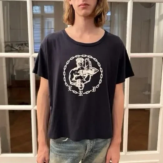 ER/D 25ss chain large neckline print washed short-sleeved T-shirt