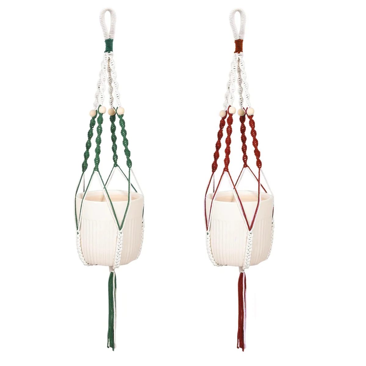 Plant Hanger with LED, Indoor Hanging Planter Basket with Wood Beads, Handmade 37 Inch Decorative Flower Pot Holder 2Pcs