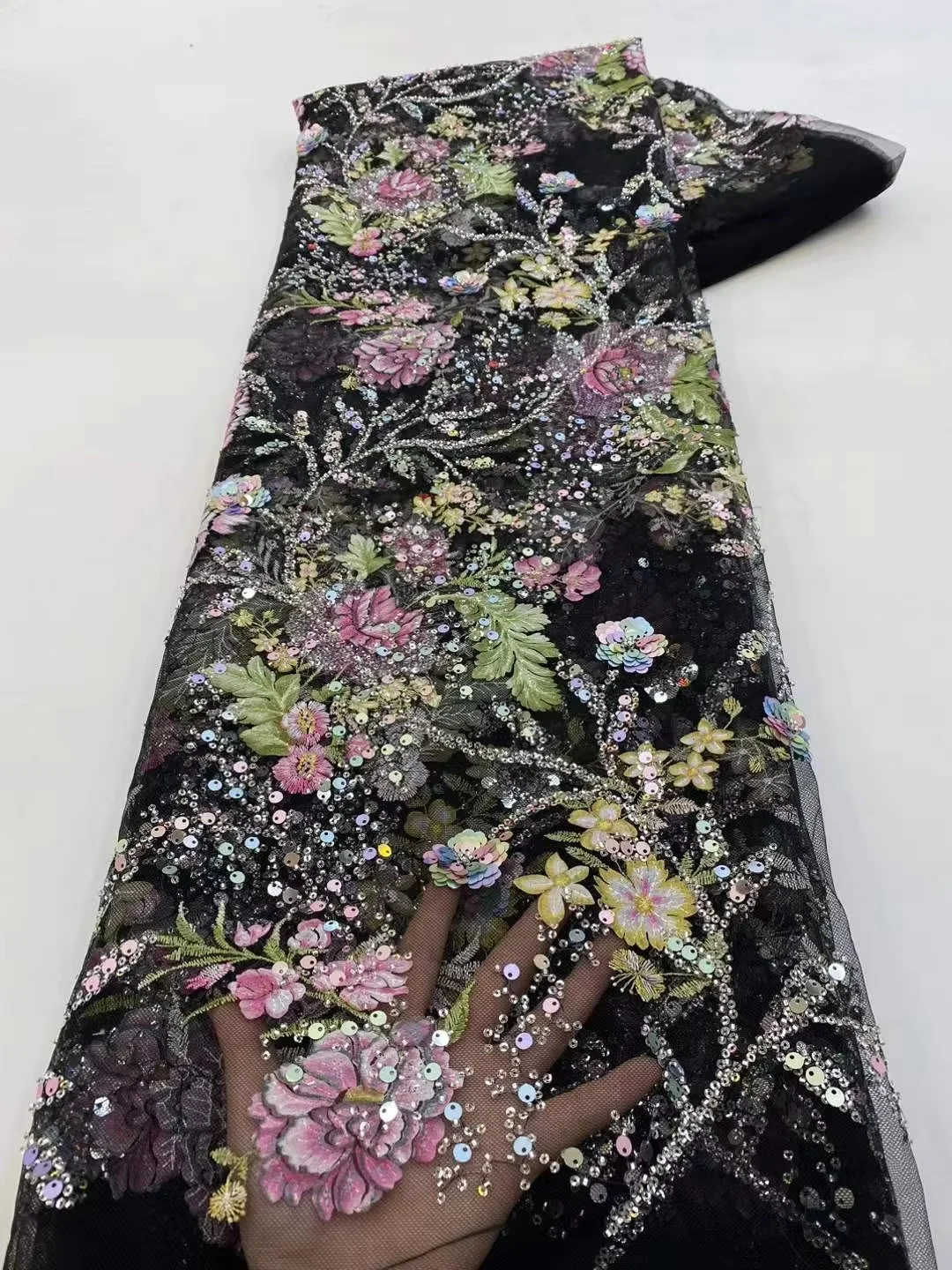 3D Flowers African Beaded Mesh Lace Fabric Embroidery Sequins French Tulle Lace for Nigerian Wedding Party Dress 5 Yards