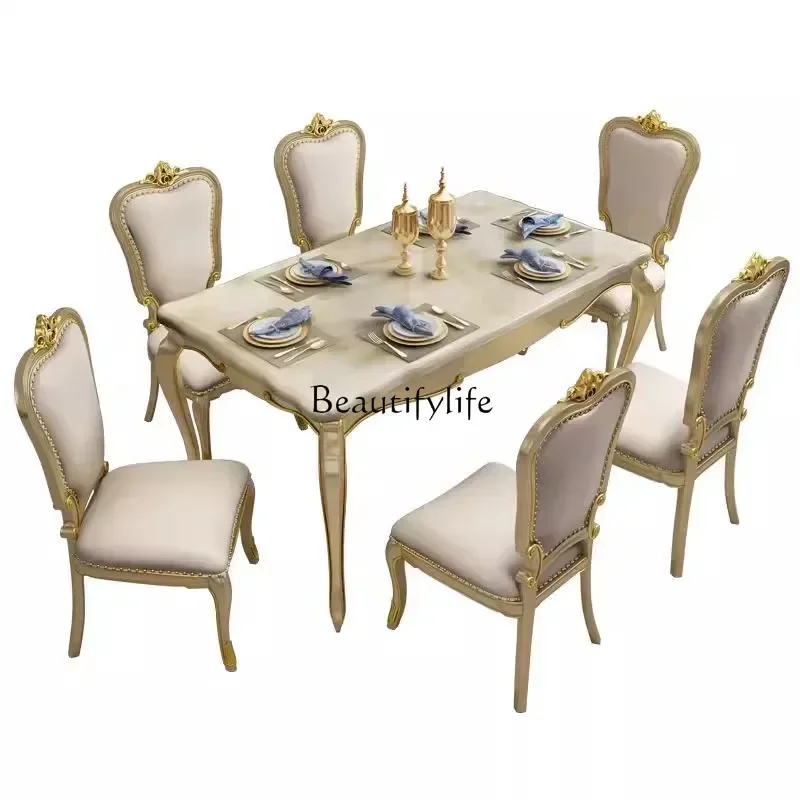 

American light luxury solid wood dining table and chair combination European rectangular marble dining table