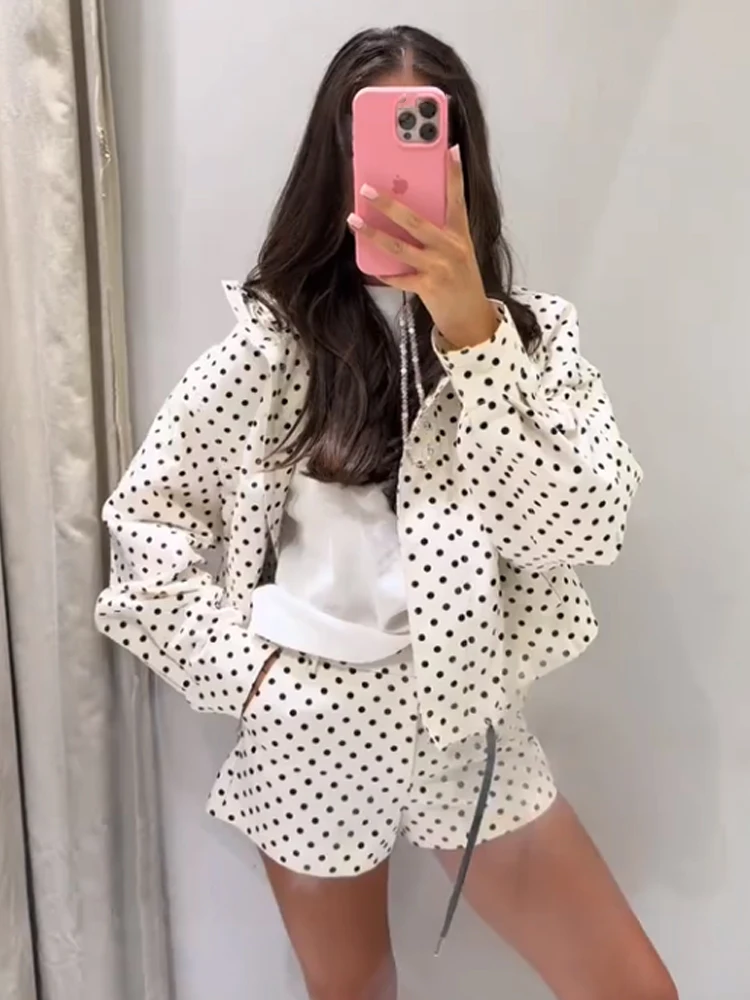 

HH 2023, осенняя женская свободная куртка с принтом в горошек, женская шикарная водолазка с длинными рукавами и карманами на молнии, пальто на шнурке