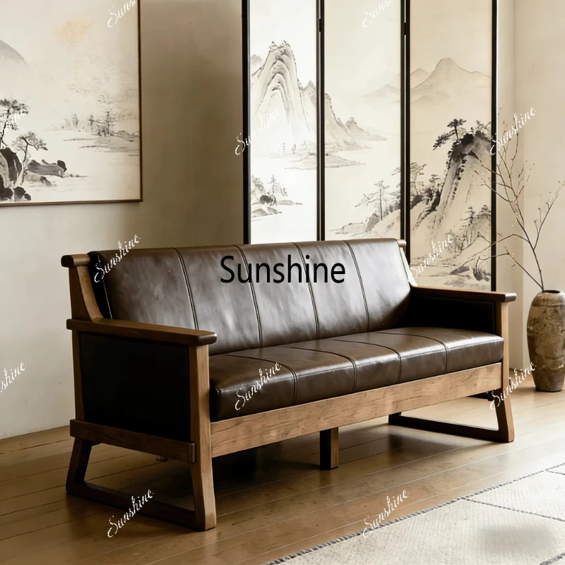 

New Chinese style, solid wood, living room, classic retro light luxury inline sofa living room furniture