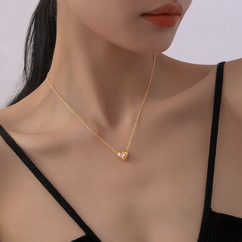 Cute Sweet Stainless Steel Gold Color Crystal Heart Pendant Necklace for Women Temperament Party Chokers Jewelry Colorfast Gift