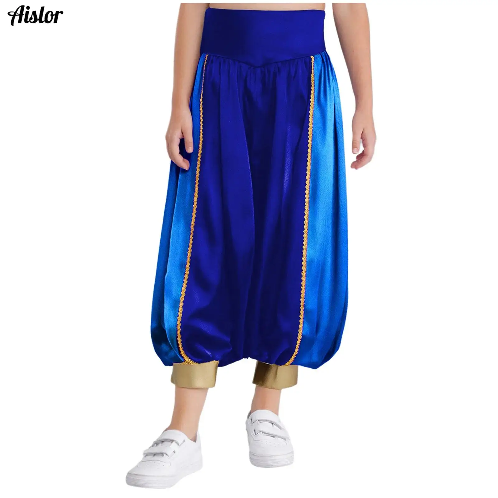 أطفال السراويل العربية الرقص الشرقي السراويل الساتان عالية الخصر فضفاضة اللون التباين الحريم السراويل كرنفال هالوين حزب تأثيري حلي