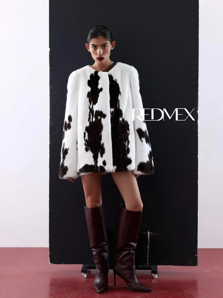 

2025 New Casual Print Fake Fur Coat Women's Fashion Warm Cardigan Loose Outerwear New Winter Street Style Simple Loose Outerwear