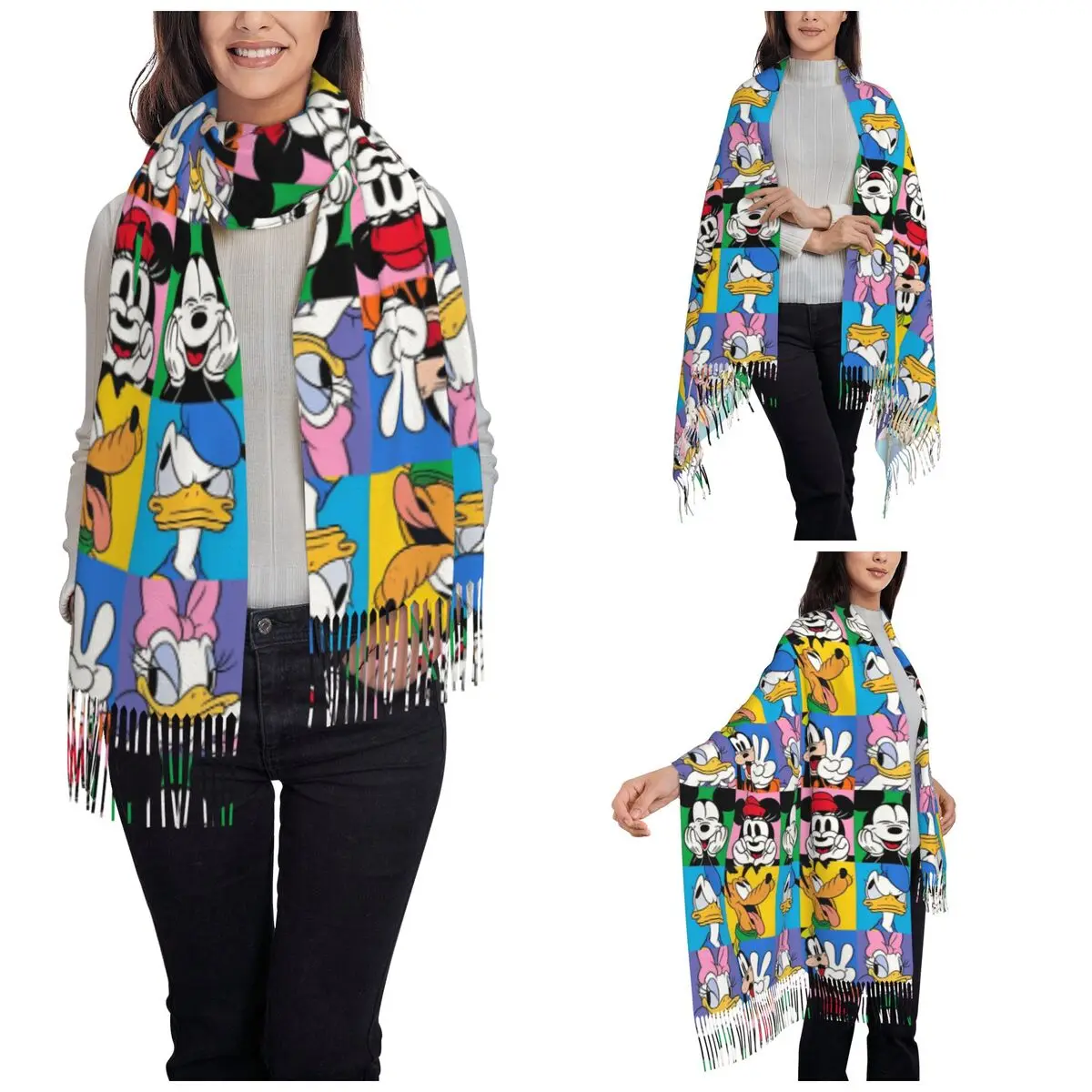 Mickey Minnie Mouse Donald Duck Scarf for Women Winter Warm Cashmere Shawls and Wrap Cartoon Cute Long Large Shawl Scarf Ladies