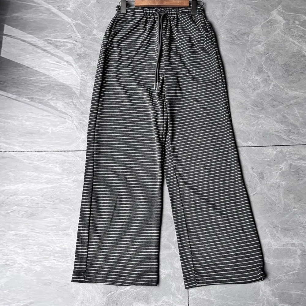 

Модные полосатые вязаные повседневные брюки с широкими штанинами для женщин в корейском стиле, с высокой талией, из других материалов, 100% хлопок, осенне-зимняя коллекция