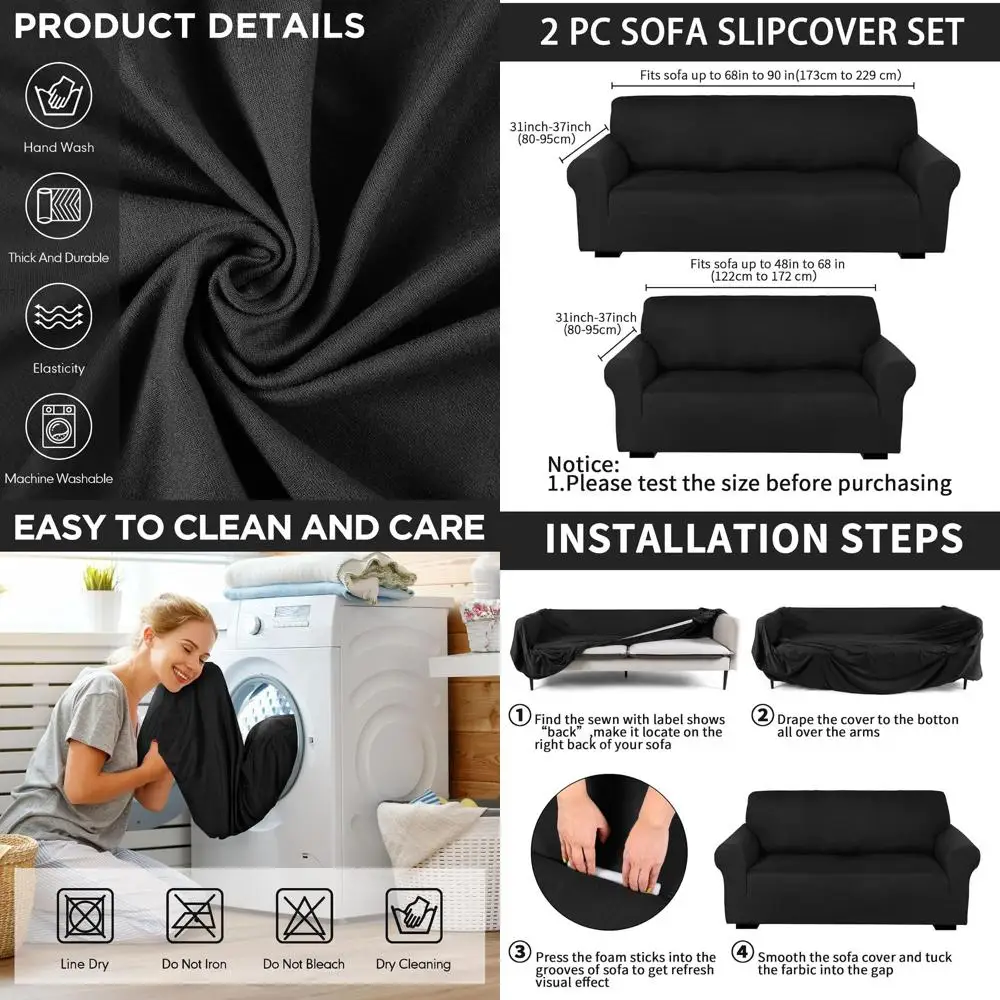 

Form-Fitting Stretch Sofa and Loveseat Covers, Wrinkle-Resistant, Black and Milk Silk Living Room Couch Slipcovers for Furniture