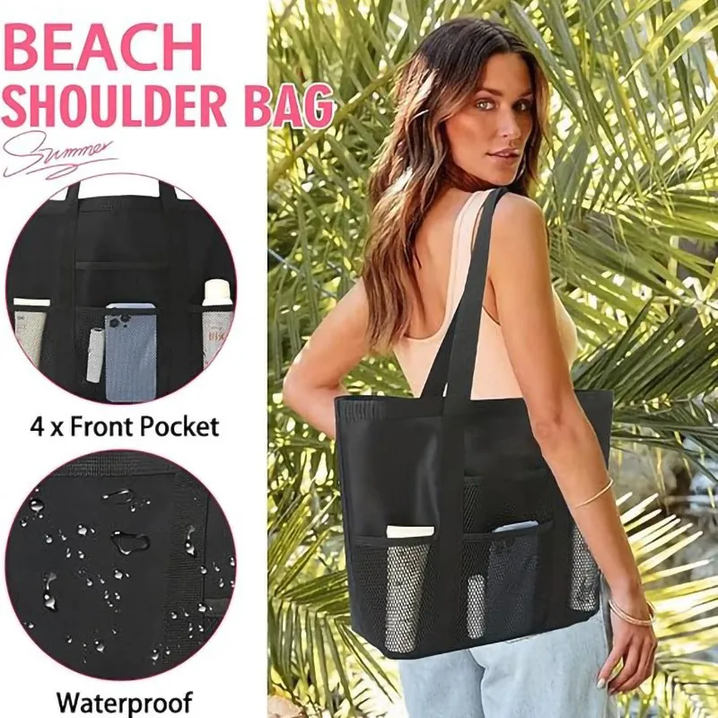 Beach Bag Large Capacity Mesh Swim Bag with Pockets Multifunctional Beach Bag Travel Tote Shoulder Swimwear Storage Bag