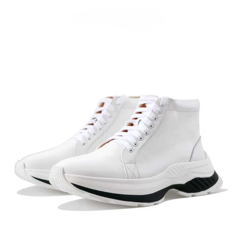 Minimalist White Leather High Top Sneakers Chunky Platform Street Ankle Shoes Lightweight Casual Walking Footwear for Men
