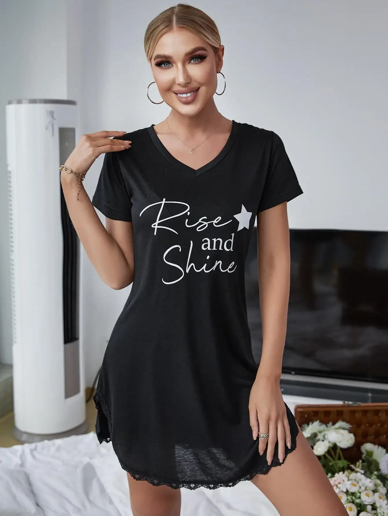 Letter Print Short Sleeves Women's Nightgowns Black V Neck Sleep Dress Lace Hem Sleepwear Nightwear Like Leisure Home Clothes