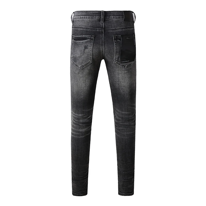 Men's American High Street Stretch Skinny Summer's Streetwear Button Fly Black Gray Destroyed Holes Ripped Jeans Pants