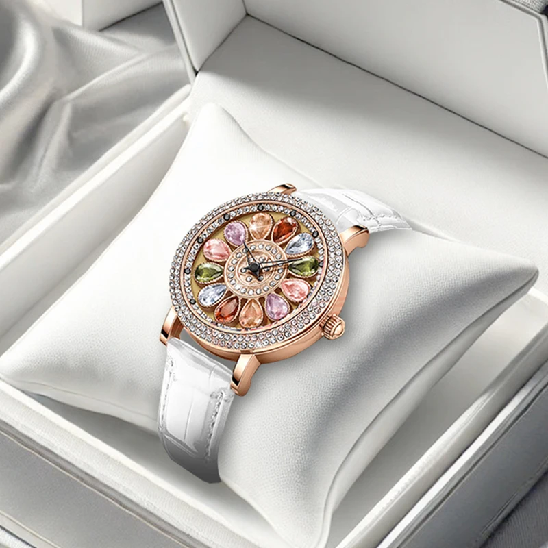 

A high-stylish women's candy-colored, gentle-style quartz watch with rhinestones, featuring a lucky and elegant PU leather strap