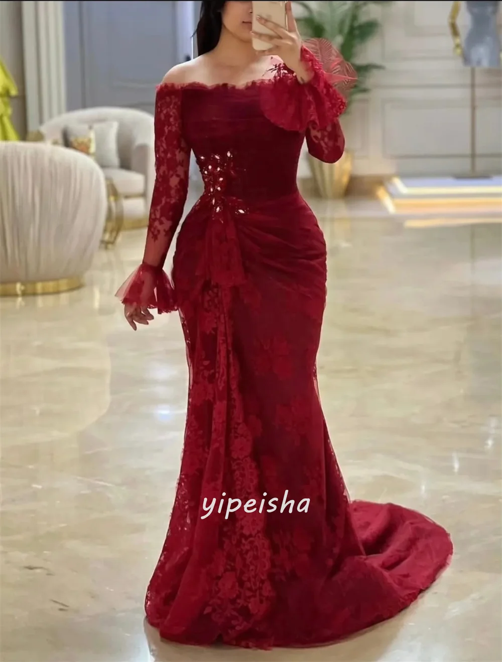 Customized High Quality Intricate Lace Handmade Flower Ruched Mermaid Off-the-shoulder Long Dresses Bespoke Occasion Dresses